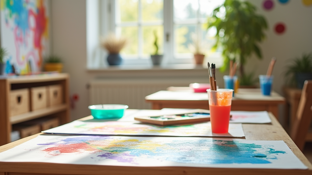 A brightly colored art therapy studio with paints, brushes, and canvas on the tables, surrounded by natural light.